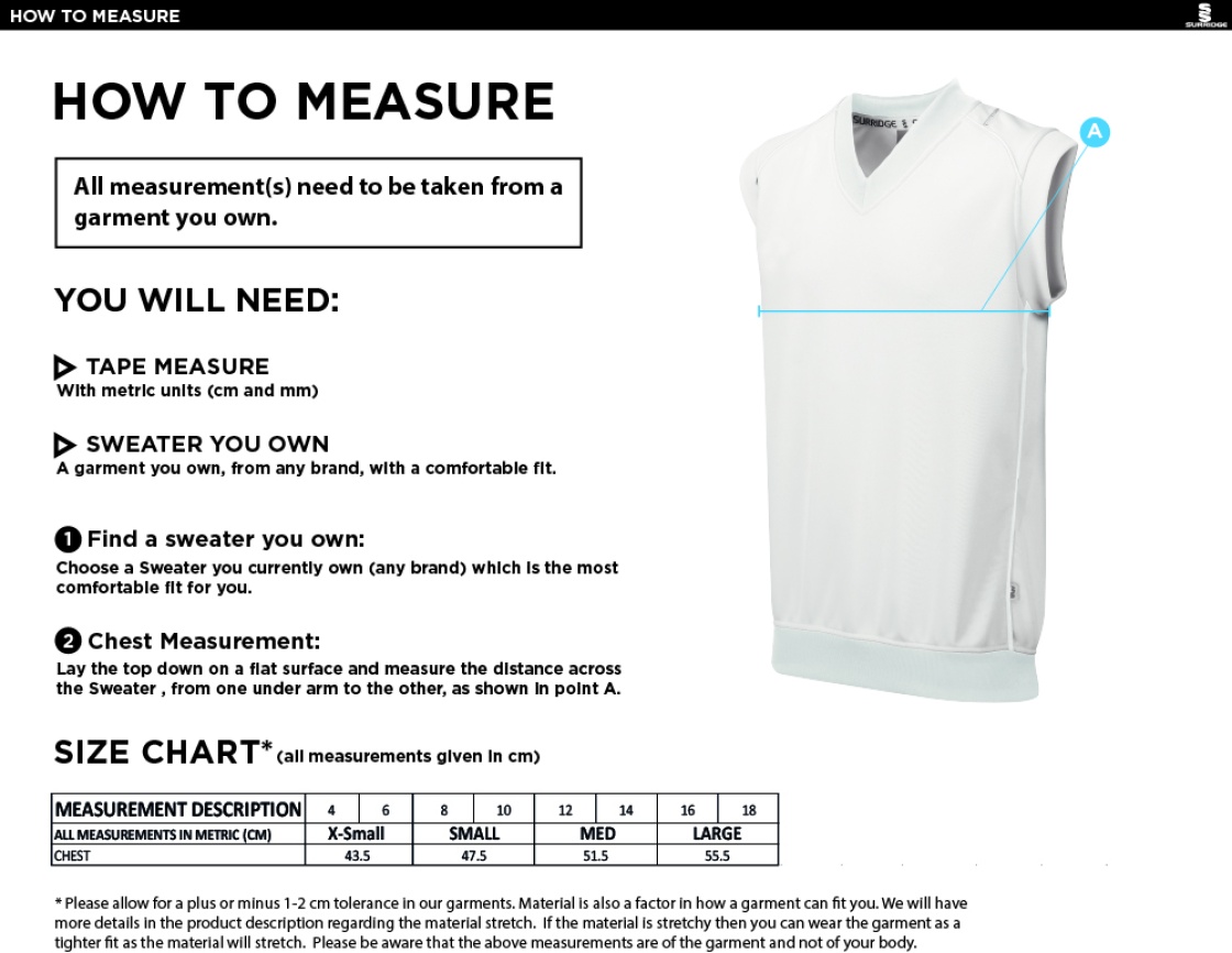 Crested Blast Sleeveless Cricket Sweater - Girls Fit - Size Guide