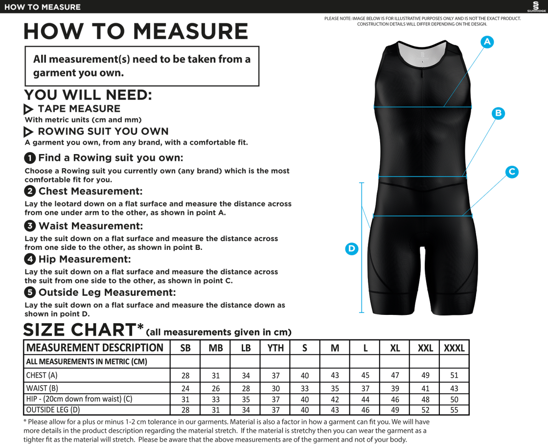 Cheltenham College - All in one rowing suit - Men's - Size Guide