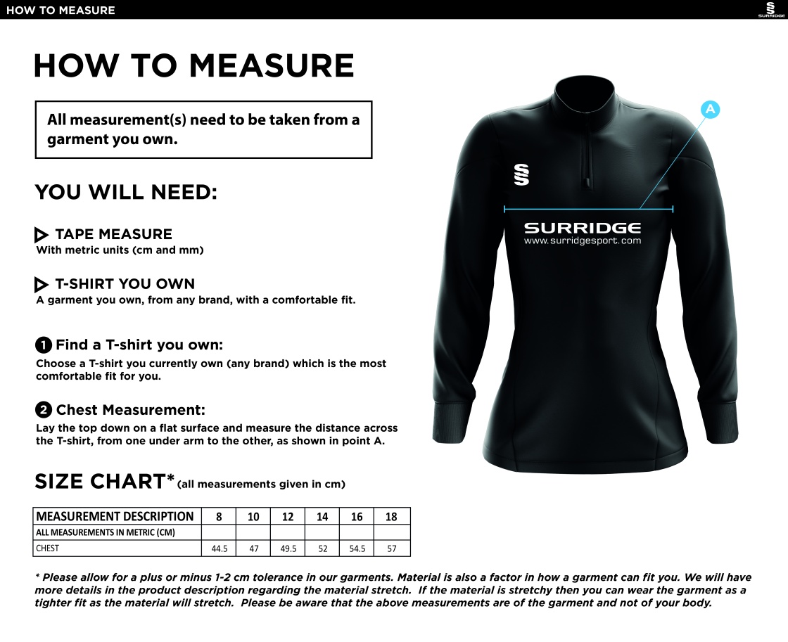 Crested Performance 1/4 Zip - Ladies - Size Guide