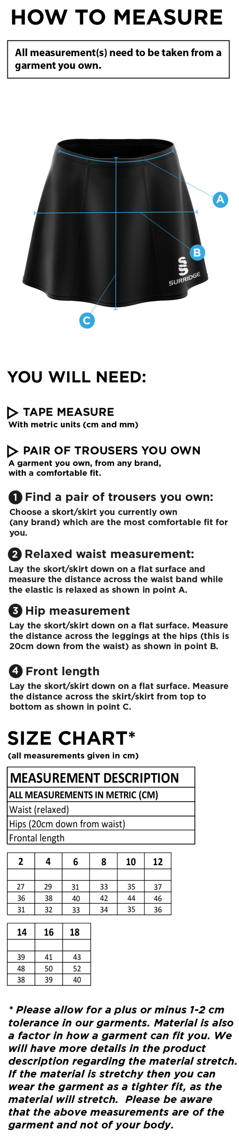 Crested Skort - Size Guide