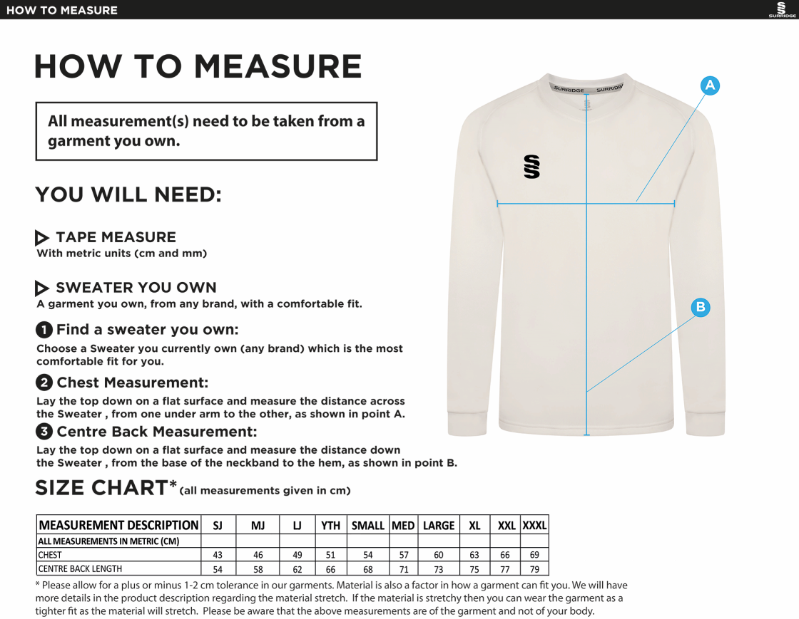 Crested Blast Long Sleeve Cricket Sweater - Size Guide