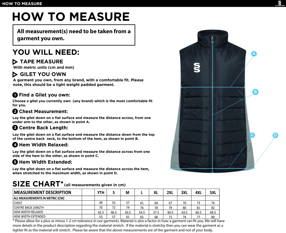 Crested Padded Bodywarmer - Size Guide