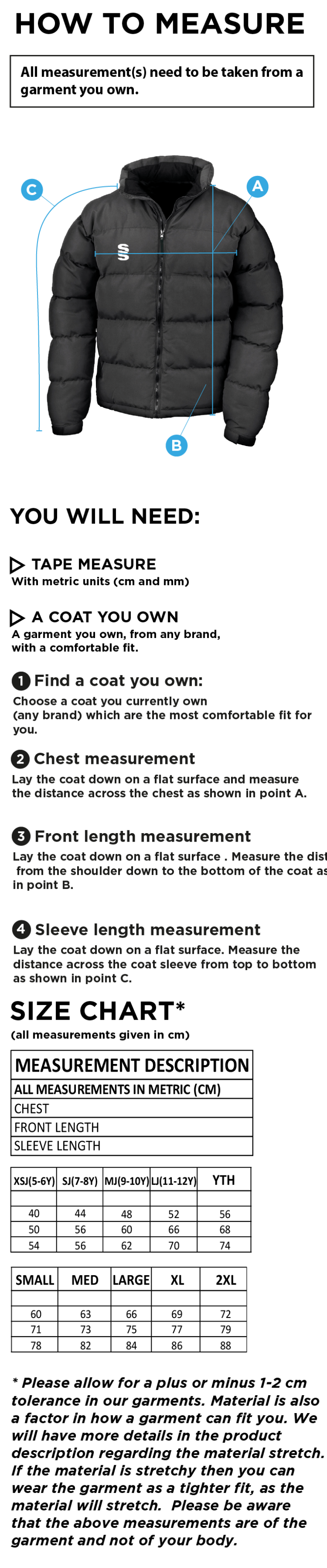 Crested Puffer Jacket - Size Guide