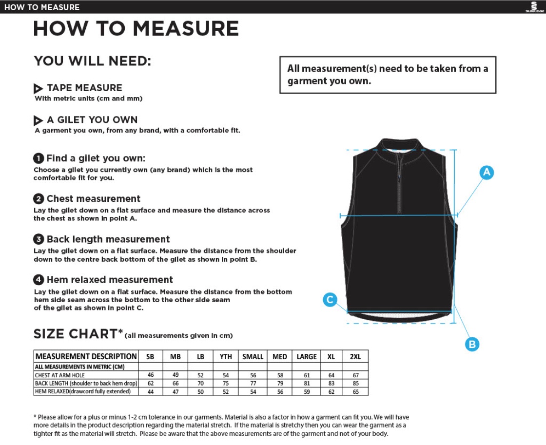 Cheltenham College - Rowing Gilet - Unisex - Size Guide