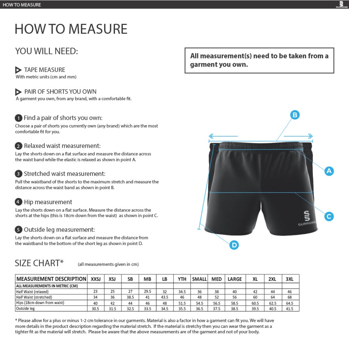 Crested Rugby Shorts - Prep (Year 3 Upwards) - Size Guide