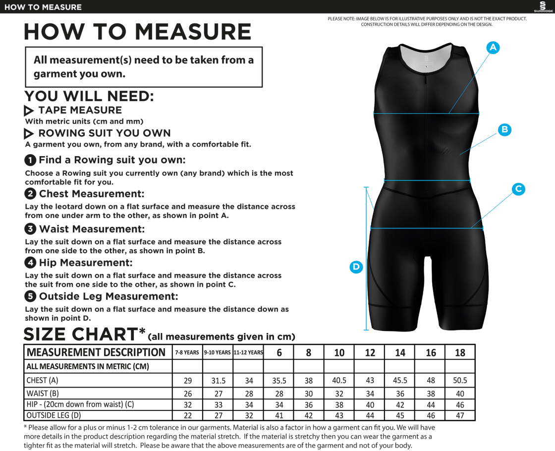 Cheltenham College - All in one rowing suit - Women's - Size Guide