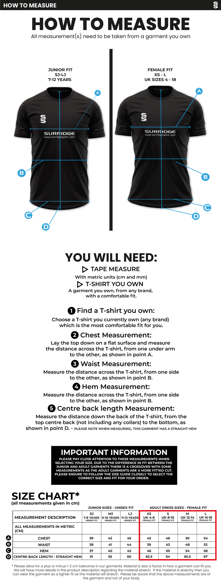 Crested Hockey Shirt - Girls Fit - Size Guide