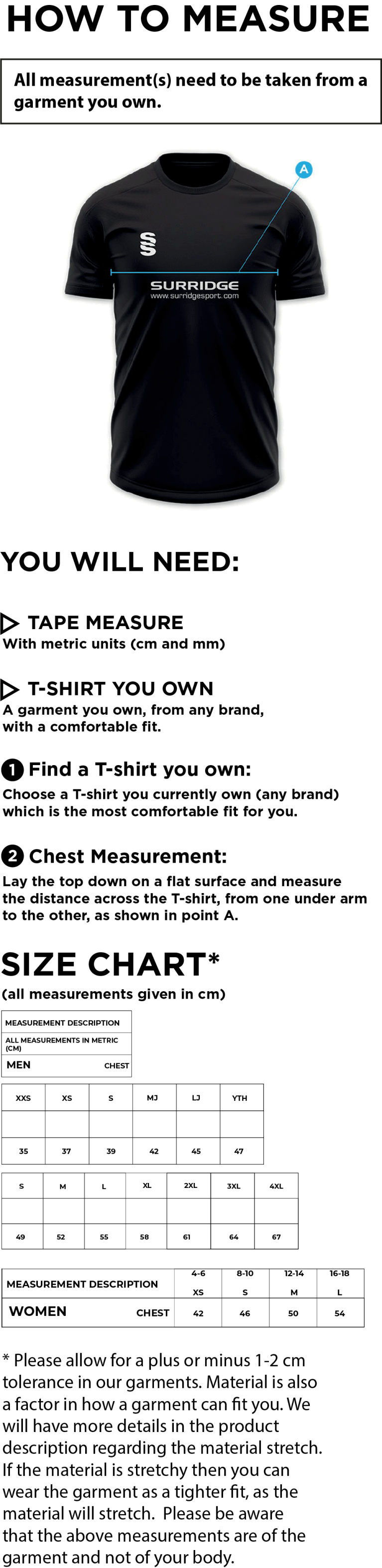 Chandos Senior House Shirt - Size Guide