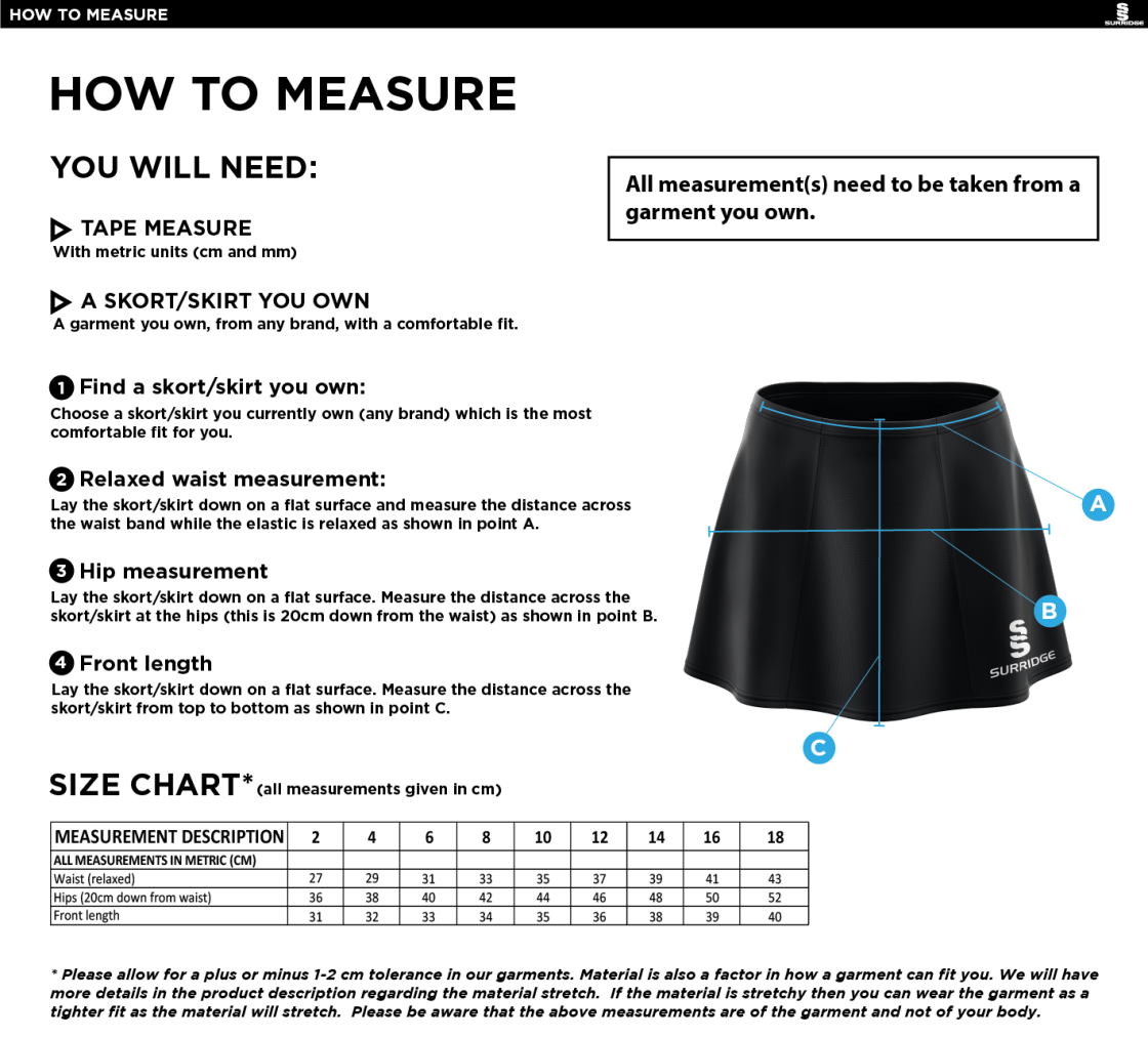 Crested Skort - Size Guide