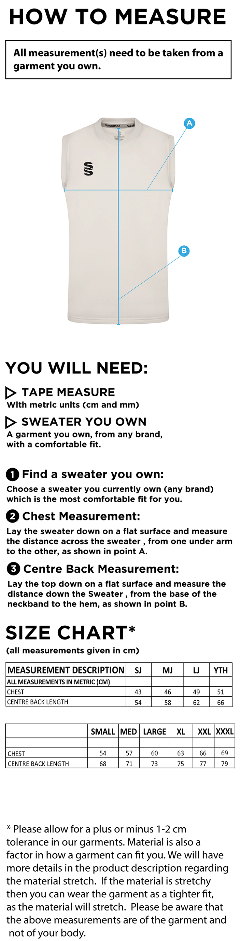 Crested Blast Sleeveless Cricket Sweater - Size Guide
