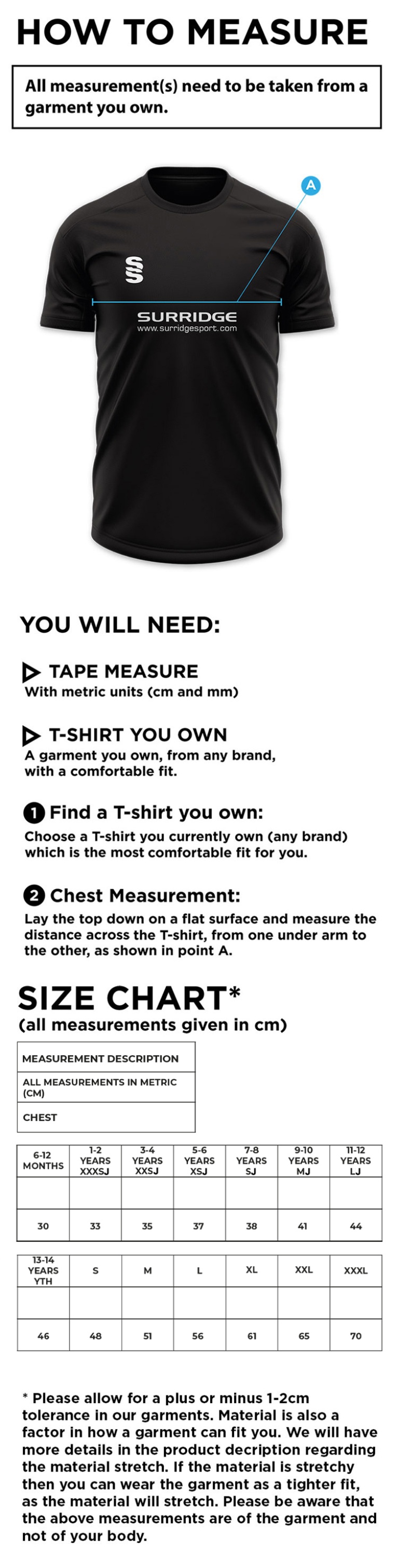 Hazelwell Senior House Shirt - Size Guide