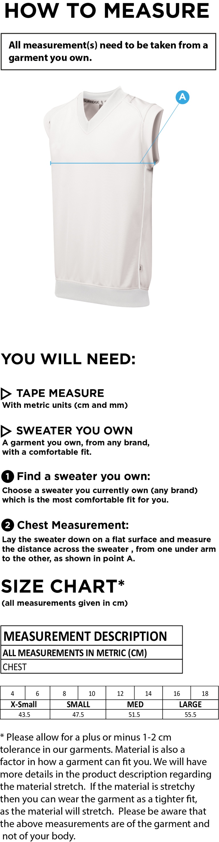 Crested Blast Sleeveless Cricket Sweater - Girls Fit - Size Guide