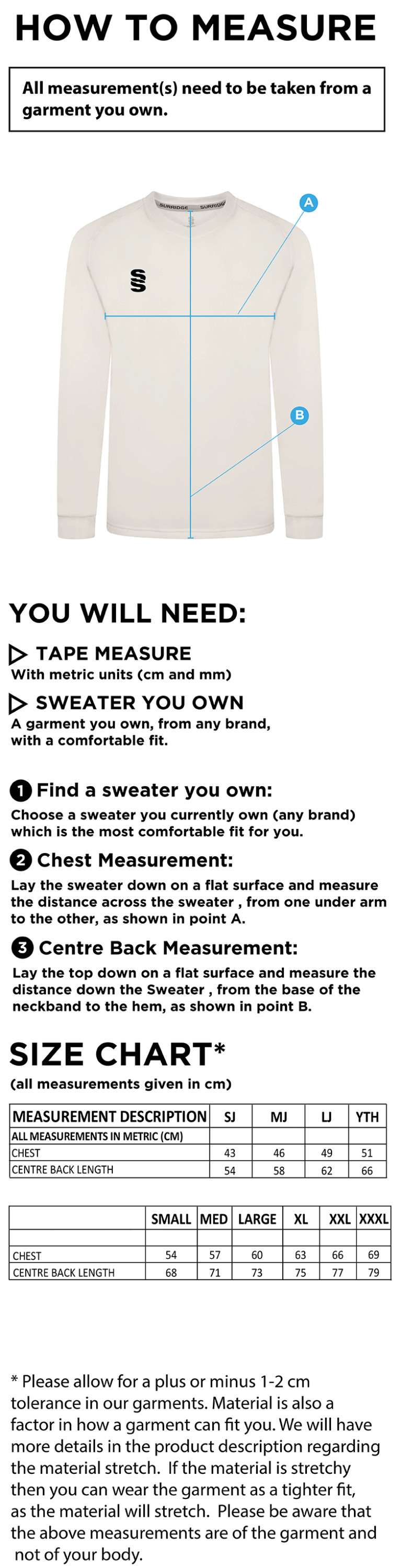 Crested Blast Long Sleeve Cricket Sweater - Size Guide