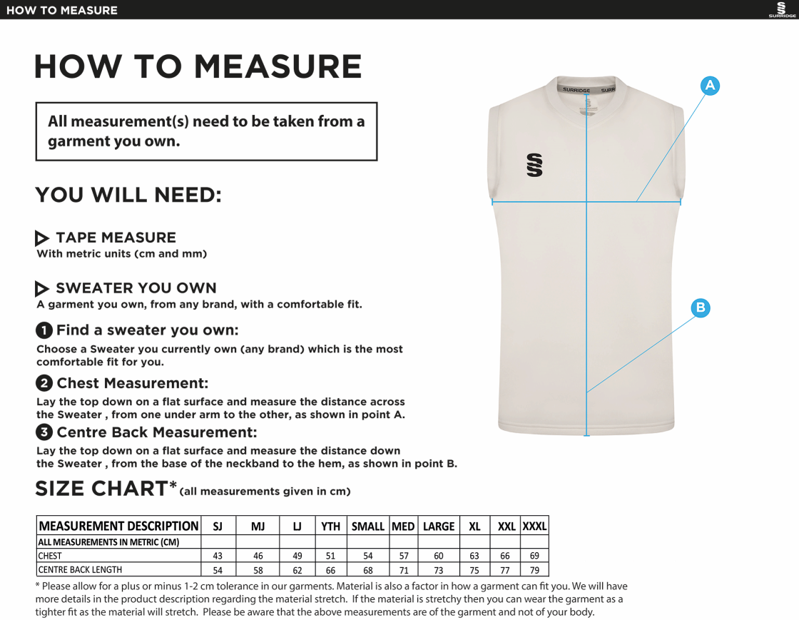 Crested Blast Sleeveless Cricket Sweater - Size Guide