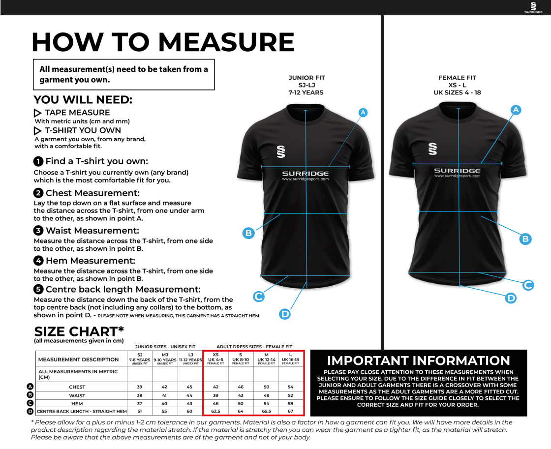 Crested Hockey Shirt - Girls Fit - Size Guide