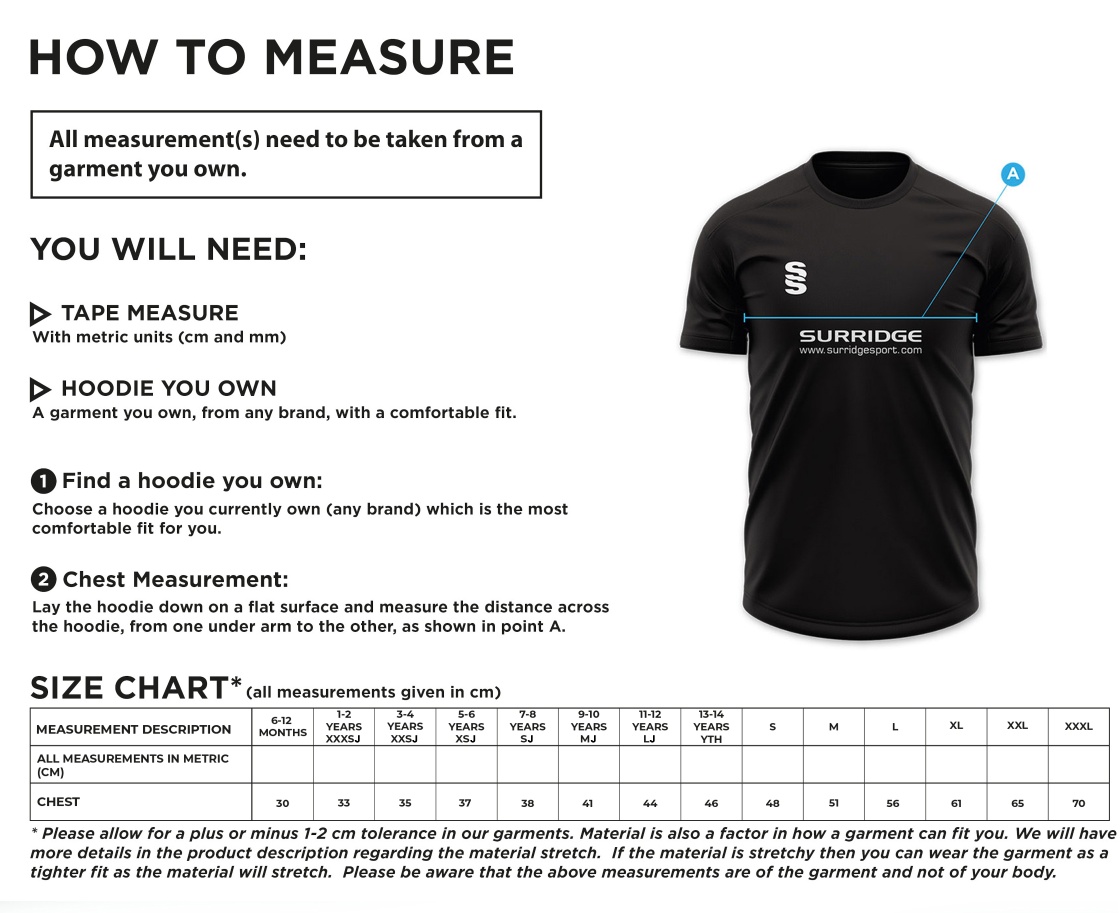 Hazelwell Senior House Shirt - Size Guide