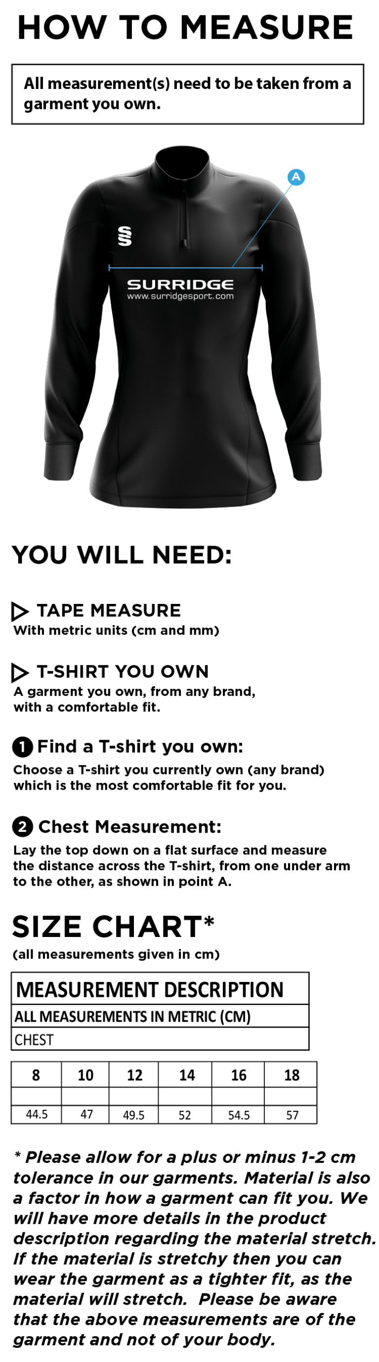 Crested Performance 1/4 Zip - Ladies - Size Guide